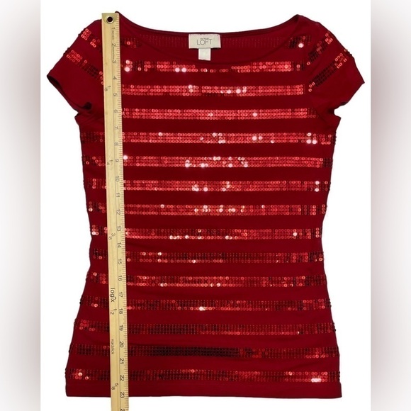 LOFT Ann Taylor Sequin Red Blouse Top Cotton Spandex Blend Valentine’s Day XS - Picture 13 of 16